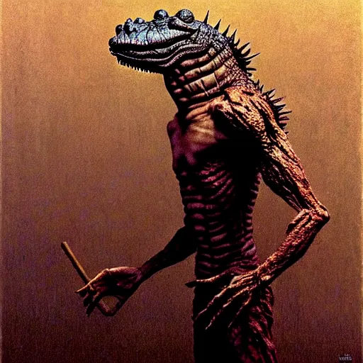 Image similar to the crocodile man by otto dix, junji ito, hr ginger, jan svankmeyer, beksinski, claymation, hyperrealistic, aesthetic, masterpiece