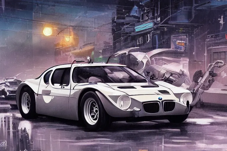 Image similar to 1935 BMW M1 Stratos, city in cyberpunk style by Vincent Di Fate