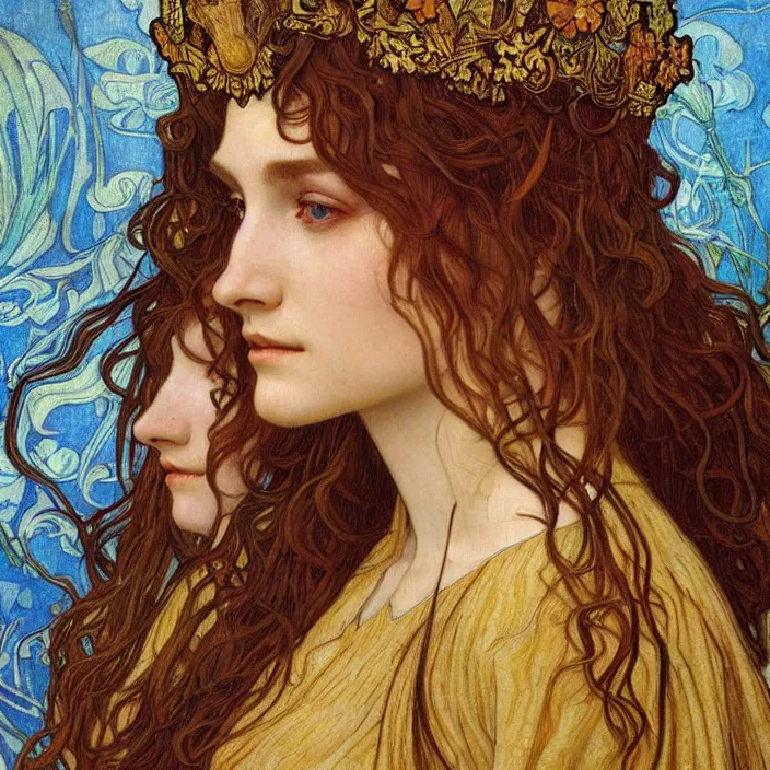 Image similar to detailed realistic beautiful young medieval queen face portrait by jean delville, alphonse mucha, vincent van gogh, and marco mazzoni, art nouveau, symbolist, visionary, gothic, pre - raphaelite