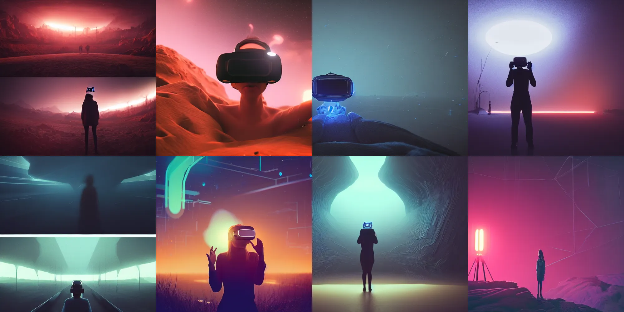 Image similar to beautiful dark landscape, person screaming wearing virtual reality, in the style of beeple and Mike Winkelmann, intricate, epic lighting, cinematic composition, hyper realistic, 8k resolution, unreal engine 5,