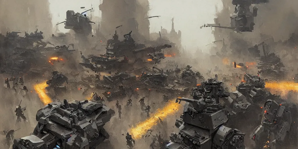Image similar to french army and civilians are getting slaughtered by one samurai robot in the interbellum paris, very detailed painting, concept art, intense heavy street battle, bullet hell, pile of bodies, artillery bombings, blood on the streets, art by greg rutkowski and jakub rozalski