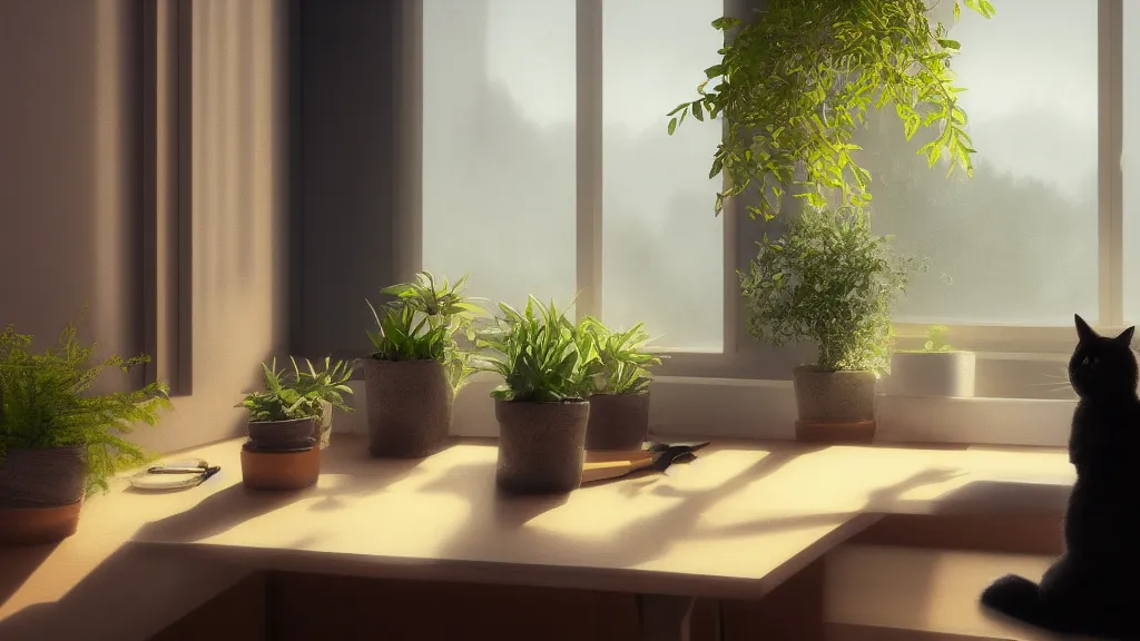 Image similar to peaceful dreamy painting of a sitting at a desk with a black cat, sunshine coming through the window, small plants on the window sill, 8k, hyper realism, trending on artstation, octane render, dynamic lighting