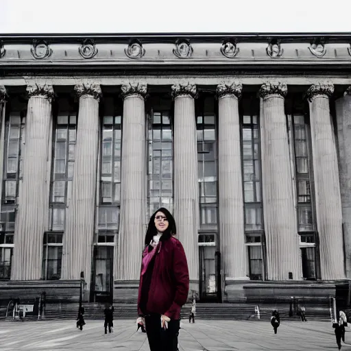 Prompt: a person standing in front of a public building