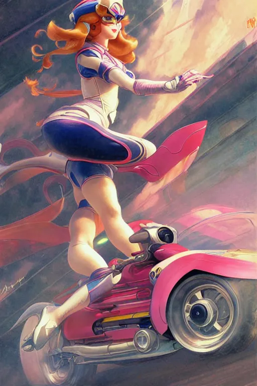 Image similar to racer princess peach style of speed racer, dynamic pose, retro anime, intricate, futuristic, fantasy, elegant, by Stanley Artgerm Lau, Margaret Keane, greg rutkowski, thomas kindkade, alphonse mucha, loish, norman Rockwell,