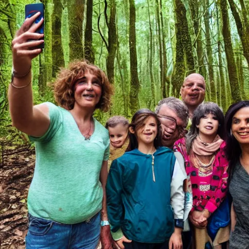 Prompt: a selfie by a neanderthal woman and her family in a forest