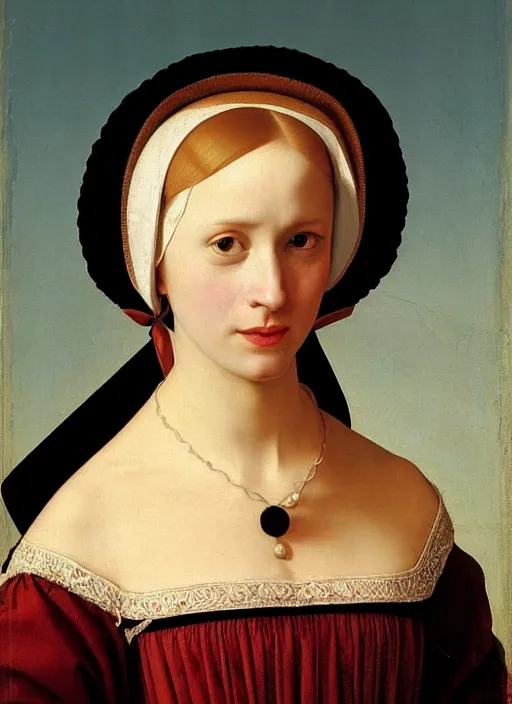 Image similar to portrait of young woman in renaissance dress and hatart by petrus christus,