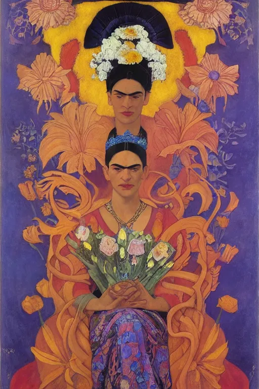 Image similar to queen of flowers, by Nicholas Roerich and Annie Swynnerton and Frida Kahlo, dramatic cinematic lighting , ornate headdress , flowing robes, sacred artifacts, lost civilizations, smooth, sharp focus, extremely detailed