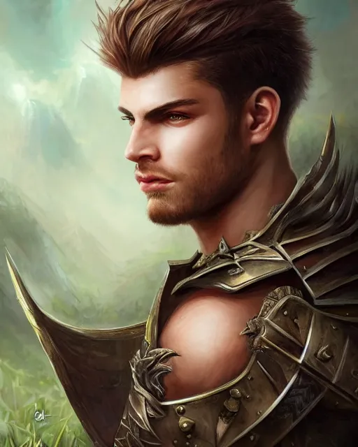 Image similar to a beautiful male warrior, perfect face with green eyes, 8 k, hyperrealistic, hyperdetailed, amazing ratio, fantasy portrait by laura sava
