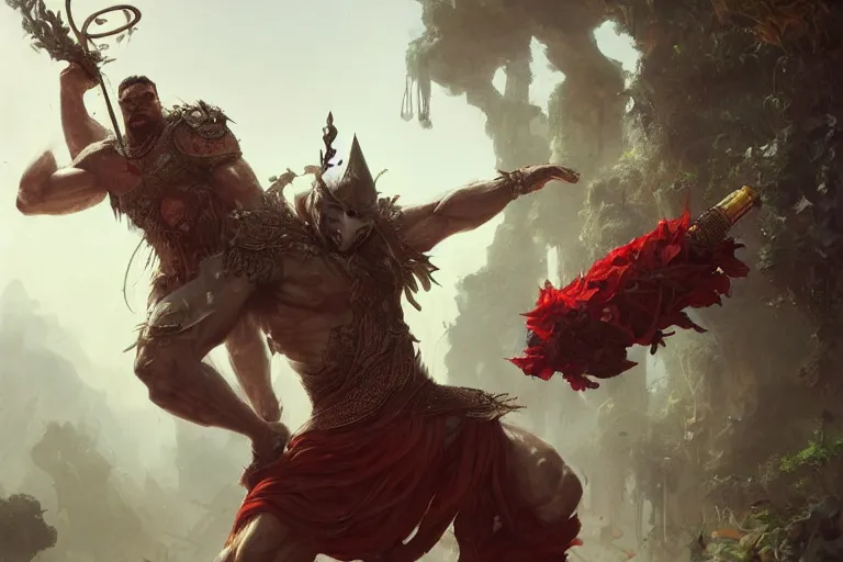 Image similar to a muscular tunisian man wearing plants fighting a cat wearing a crown and cape wielding a scepter, fantasy, digital painting, volumetric light, intricate, sharp, focus, bloom, illustration, highly detailed, concept art, matte, ruan jia, randy vargas, greg rutkowski