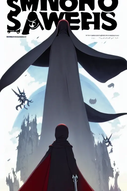 Image similar to video game cover, small grim reaper dressed with a cape surrounded by demons, mid view, design on a white background, by studio muti, greg rutkowski makoto shinkai takashi takeuchi studio ghibli