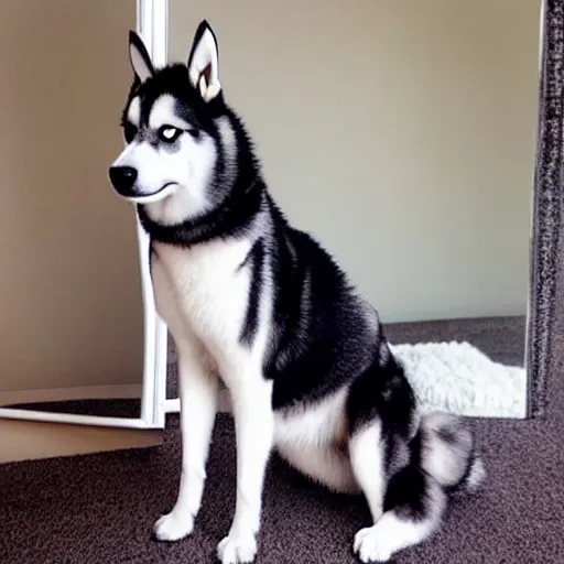 Prompt: an extremely muscular husky dog posing in front of a mirror