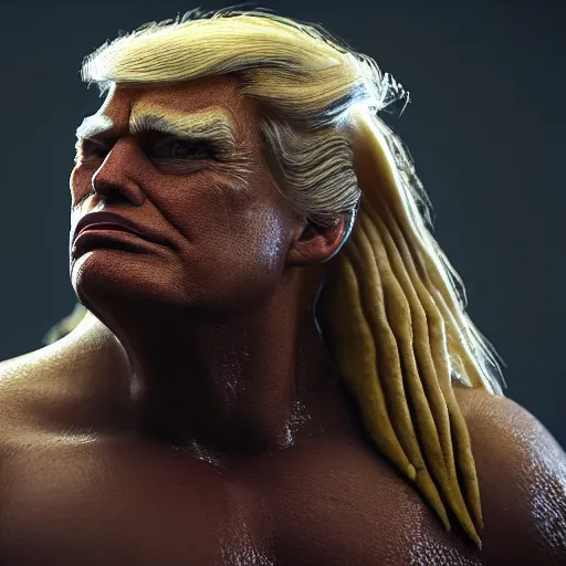 Prompt: Donald trump with predator body, realistic artstyle, wide shot, dramatic lighting, octane render, hyperrealistic, high quality, highly detailed, HD, beautiful, cinematic, 8k, unreal engine, facial accuracy, symmetrical