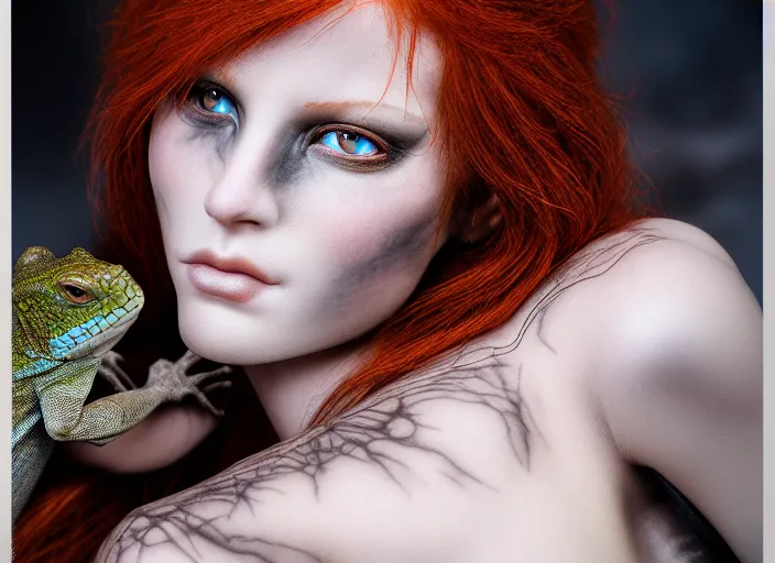 Image similar to 5 5 mm photo of an armored redhead woman with a lizard sitting on her shoulder by luis royo. highly detailed 8 k. intricate. lifelike. soft light. nikon d 8 5 0. cinematic post - processing