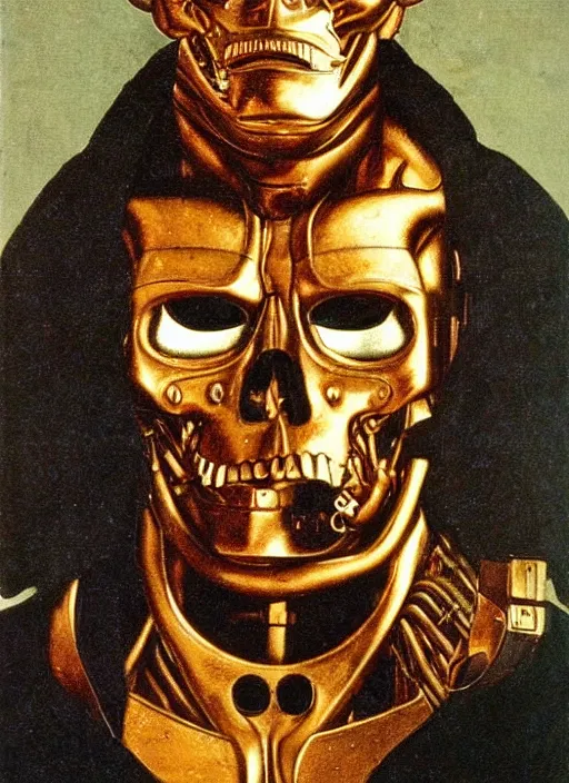 Image similar to a portrait of the Terminator by Jan van Eyck