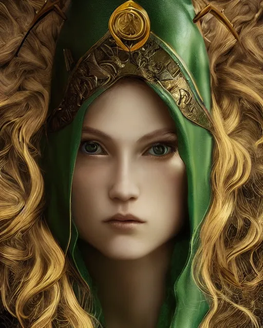 Image similar to a beautiful photo of a young woman, green elf ranger with long flowing hair and a green leather hood, elf ranger leather armor with olive green and brown colors and gold lining, young female face, cinematic top lighting, insanely detailed and intricate, face by wlop, Charlie Bowater, designs by zhelong xu and gustave doré, golden ratio, symmetric, elegant, ornate, luxury, elite, matte painting, cinematic, trending on artstation, deviantart and cgsociety, 8k, high resolution