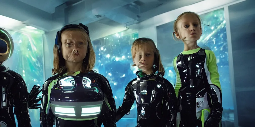 Image similar to futuristic children with rgb ambient lighting eye implants. the children wears spacesuits, and explores the cosmos rocket powered motorcycles. science fiction blockbuster movie teen nebulous or my robot ate my homework, dramatic lighting, interstellar film ( 2 0 1 4 )