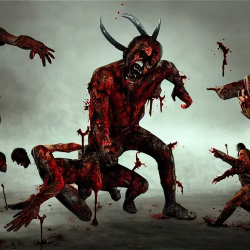 Prompt: Devil fighting with zombies, hyper realistic, higly detailed,