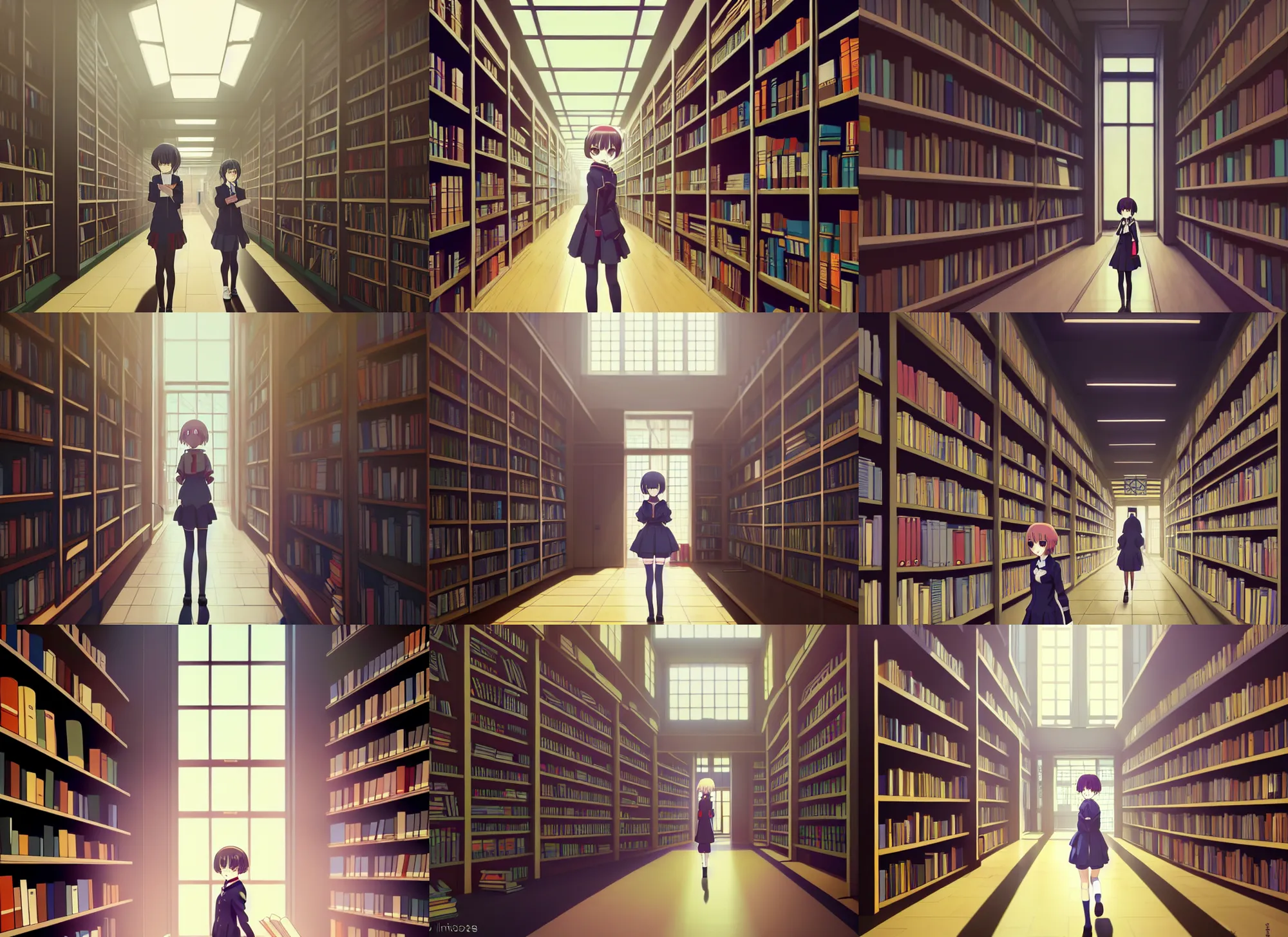 a librarian stacking books in a fantasy library. by artist 