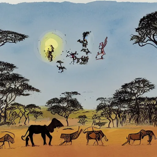 Prompt: quentin blake, james jean illustration of a safari at sunset