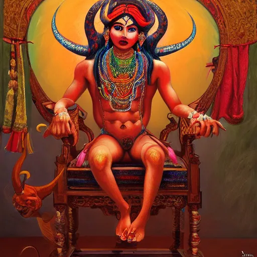 Image similar to a beautiful painting of a demon sitting on top of a chair, a high detailed painting by ram chandra shukla, by ali akbar sadeghi, pixiv contest winner, bengal school of art, symmetrical, coherent, maximalist, trending on artstation