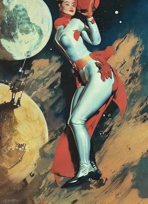 Prompt: elegant lady wearing a latex spacesuit standing on venus, by norman rockwell, jack kirby, jon berkey, earle bergey, craig mullins, ruan jia, jeremy mann, tom lovell, marvel, astounding stories, 5 0 s pulp illustration, scifi, fantasy