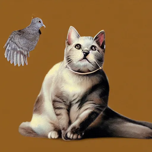 Image similar to cat playing with the dove of peace, photorealistic, detailed