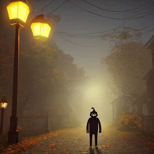 Prompt: night time jack o lantern man walking in a colonial street on halloween, over the garden wall pottsfield, tall maple trees along street, chimneys on buildings, old street lamps, pumpkin people walking, fall foliage, over the garden wall, light cinematic, volumetric, realistic, cinematic lighting, ray tracing, unreal engine 5, octane render, hyper realistic, 8 k