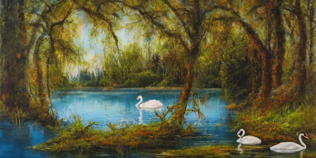 Image similar to painting of a small lake with one swans in it, in a forest, blue water, stunning colors, fairytale