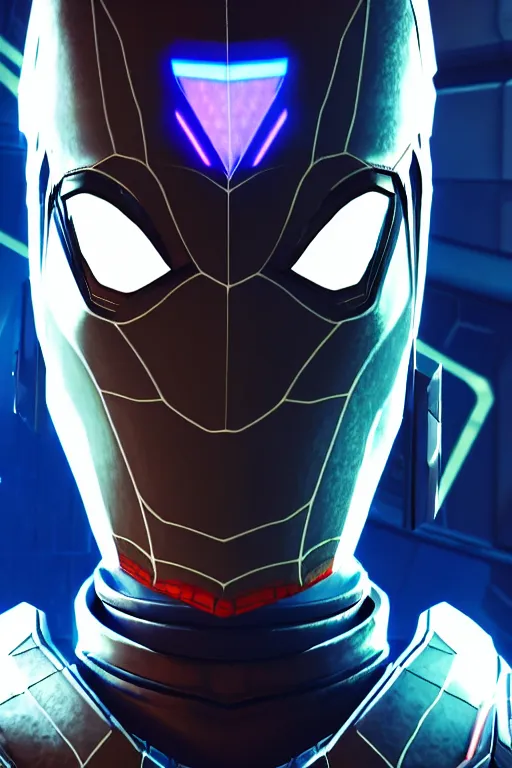 Image similar to futuristic portrait art of an armored cyberpunk spiderman, futuristic style spiderman, cyberpunk, game screenshot from no man's sky 2 0 7 7