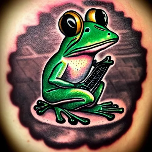 Prompt: “Frog with keyboard and VR set old school tattoo style”