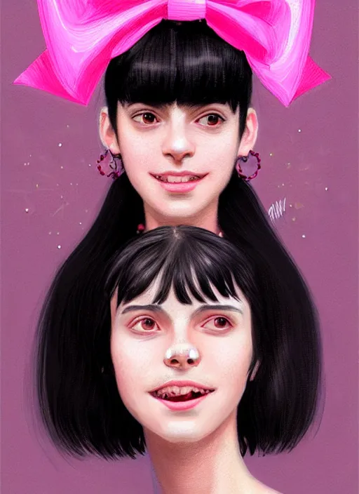 Image similar to portrait of teenage girl, realistic, black hair, bangs, half updo hairstyle, pointy nose, skinny, smile, ugly, defined jawline, big chin, pink hair bow, earrings, intricate, elegant, glowing lights, highly detailed, digital painting, artstation, sharp focus, illustration, art by wlop, mars ravelo and greg rutkowski