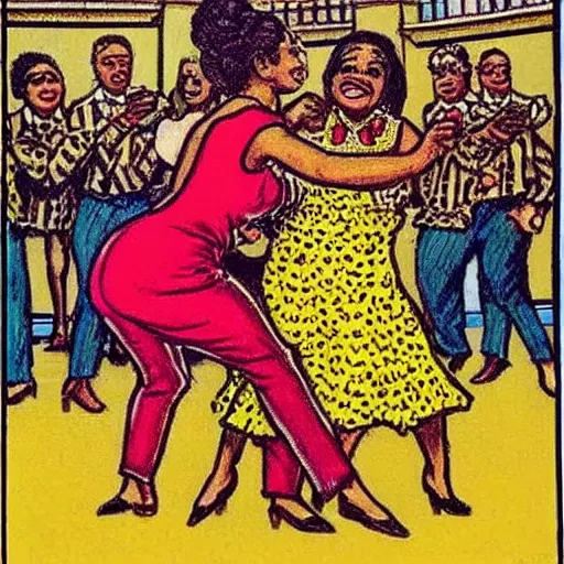 Image similar to dominicanas dancing, drawing by r crumb