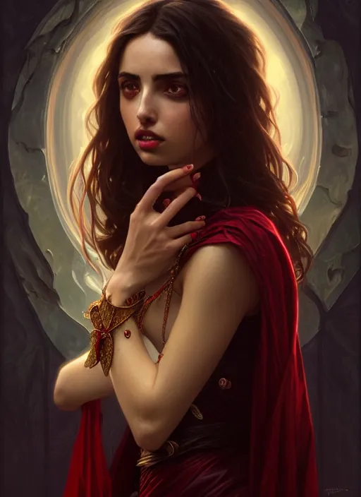 Prompt: portrait of ana de armas as a vampire lord, jewelry, greek, ruby, intricate, headshot, highly detailed, digital painting, artstation, concept art, sharp focus, cinematic lighting, illustration, art by artgerm and greg rutkowski, alphonse mucha, cgsociety