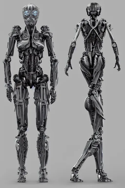 Image similar to a female transformer with gunmetal grey skin, medical anatomy, very symmetrical face, highly detailed, three - perspective / three - view reference sheet ( front / back / side ), in the style of vitaly bulgarov, steven jung, matt tkocz, amanda lilleston, hr giger, mecha, artstation, unreal engine