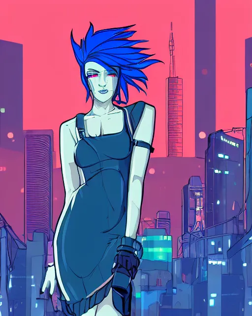 Image similar to cel shaded art of a pretty blue haired girl wearing a dress, cyberpunk city street background