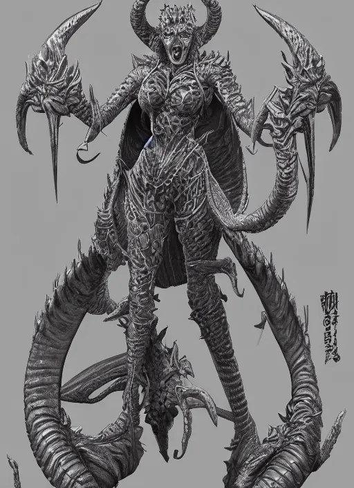 Image similar to a detailed full body demonic tiefling, queen of blades, by yusuke murata, by hiroya oku, trending on artstation