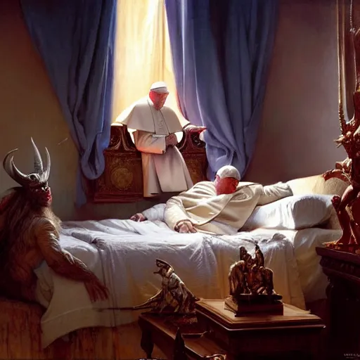 Image similar to the pope is in his bed, nervous and terrified, because a double horned shadow demon from hell lurks in the wallpaper of the bedroom. highly detailed painting by gaston bussiere, j. c. leyendecker, greg rutkowski, craig mullins 8 k