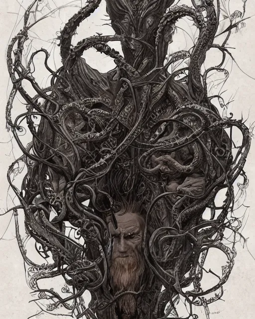 Prompt: centered beautiful detailed side view profile portrait of a insane old man, ornate tentacles growing around, ornamentation, thorns, vines, tentacles, elegant, beautifully soft lit, full frame, by wayne barlowe, peter mohrbacher, kelly mckernan, h r giger