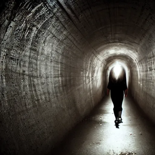 Image similar to woman explores sterile tunnels, fear and dark misery, future, cinematic