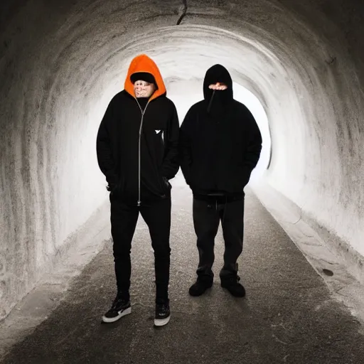 Prompt: two thugs smoking and drinking in a long dark tunnel wearing balaclavas, drum & bass, flash photography