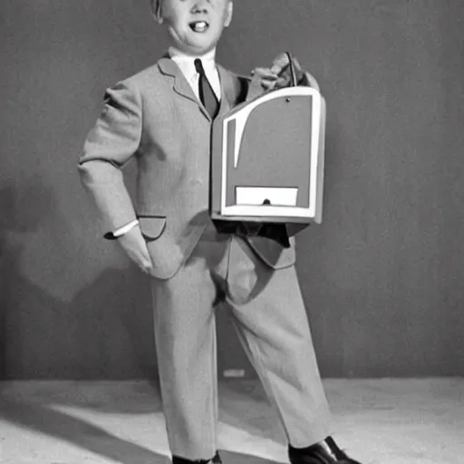 Prompt: old style reel projector with a body in a suit, 1964 photograph, colorized