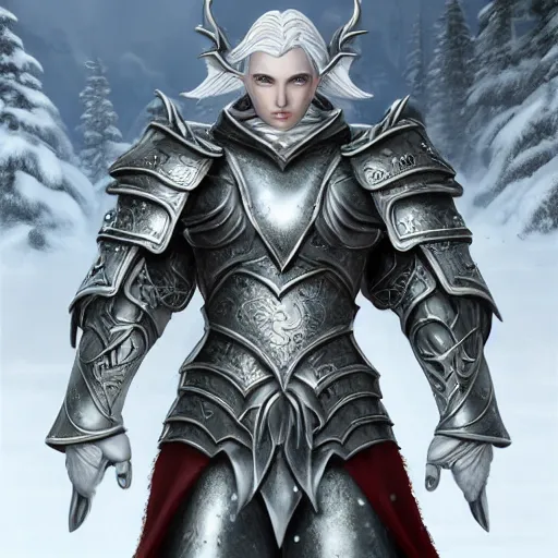 Prompt: handsome male snow elf in silver ornate armour, albino skin, elden ring, realistic, dnd character portrait, full body, dnd, rpg, lotr game design fanart by concept art, behance hd, artstation, deviantart, global illumination radiating a glowing aura global illumination ray tracing hdr render in unreal engine 5