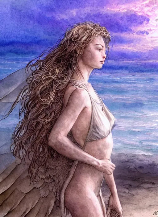 Prompt: portrait, An angel on the beach watching the sun set, watercolor, dramatic lighting, cinematic, establishing shot, extremely high detail, foto realistic, cinematic lighting, pen and ink, intricate line drawings, by Yoshitaka Amano, Ruan Jia, Kentaro Miura, Artgerm, post processed, concept art, artstation, matte painting, style by eddie mendoza, raphael lacoste, alex ross