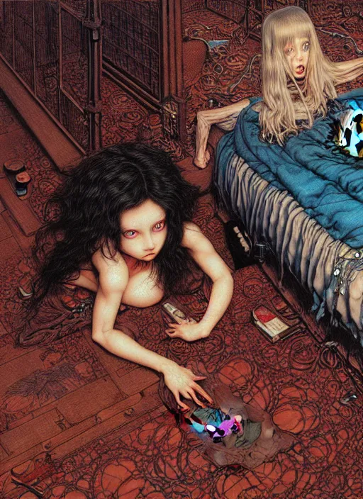 Prompt: realistic detailed image of a a small monster hiding under the bed and a girl looking at monster under the bed in an old soviet girlish room with by Ayami Kojima, Amano, Karol Bak, Greg Hildebrandt, and Mark Brooks, Neo-Gothic, gothic, rich deep colors. Beksinski painting. art by Takato Yamamoto. masterpiece. ultra details, high quality, high resolution .