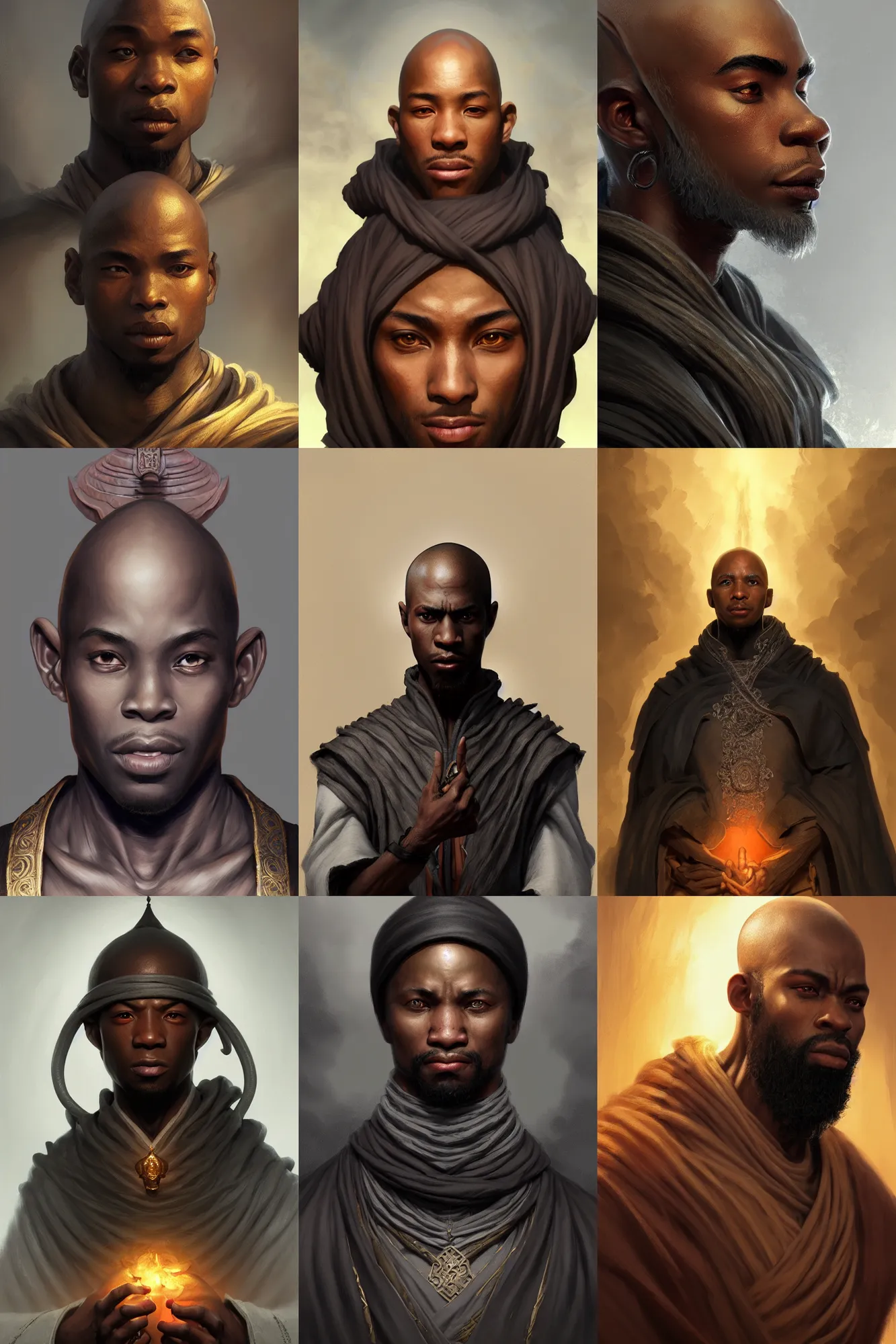 Prompt: black male monk, highly detailed, d & d, fantasy, highly detailed, digital painting, trending on artstation, concept art, sharp focus, illustration, global illumination, ray tracing, realistic shaded, art by artgerm and greg rutkowski and fuji choko and viktoria gavrilenko and hoang lap