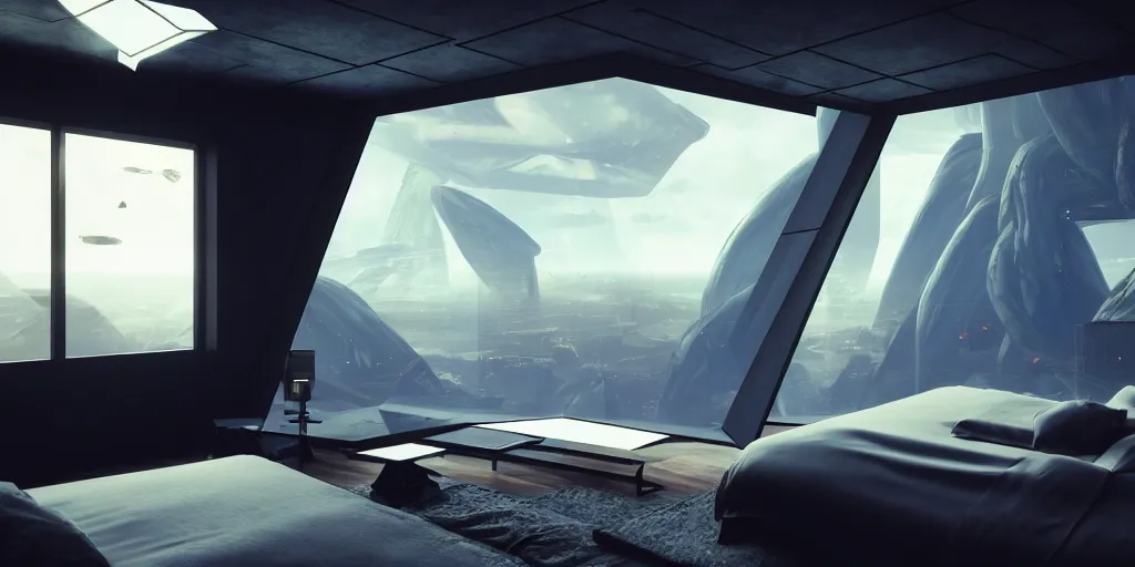 Prompt: angled tilted closeup to a corner in a futuristic confy bedroom, with wood and gold details and a huge futuristic glass window overlooking a lush alien planet environment from ps 5 returnal game, a black ship in the sky, environmental lighting, moody weather and alien skies, ray tracing, amazing view, highly detailed,, octane render, unreal engine 5, 4 k