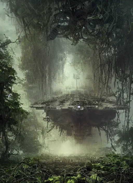 Image similar to decayed aircraft carrier USS Nimitz laying on the ground overgrown with vegetation and hanging vines, post apocalyptic, tropical forest, by Luis Royo, by Greg Rutkowski, dark, gritty, intricate, cover illustration, concept art, volumetric lighting, volumetric atmosphere, sharp focus, octane render, trending on artstation, 8k