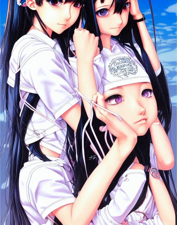 Image similar to extremely detailed color ink pen graphic novel  illustration of a dainty young truant female stoner prep highschool school student with medium length silky straight iridescent black hair and lightly suntanned skin, illustrated by Artgerm and Range Murata.