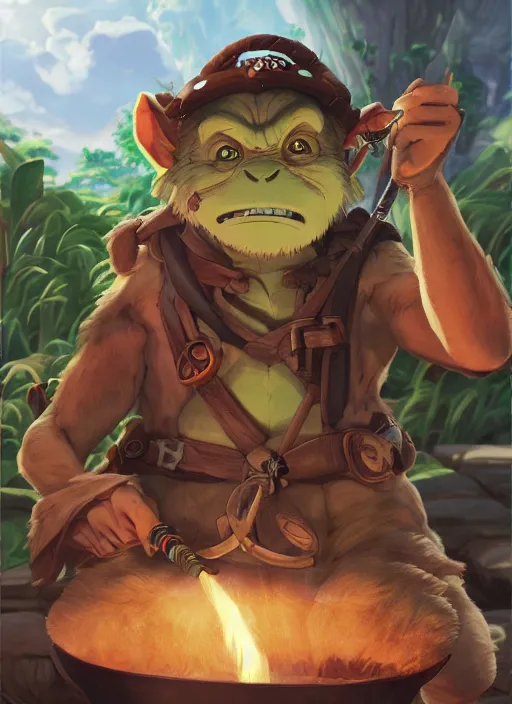 Image similar to studio ghibli pathfinder 2 e illustration of goblin mixed with a monkey smoking a cigar, character portrait, unreal engine, hyper realism, realistic shading, cinematic composition, realistic render, octane render, detailed textures, photorealistic, wide shot