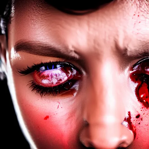 Prompt: close - up of a woman looking up and crying blood, 4 k, photography, highly detailed